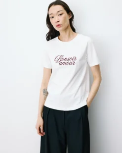 T-shirt en coton à message imprimé ivoire Amadis