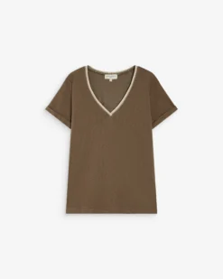 T-shirt manches courtes col V contrasté kaki Aurelien