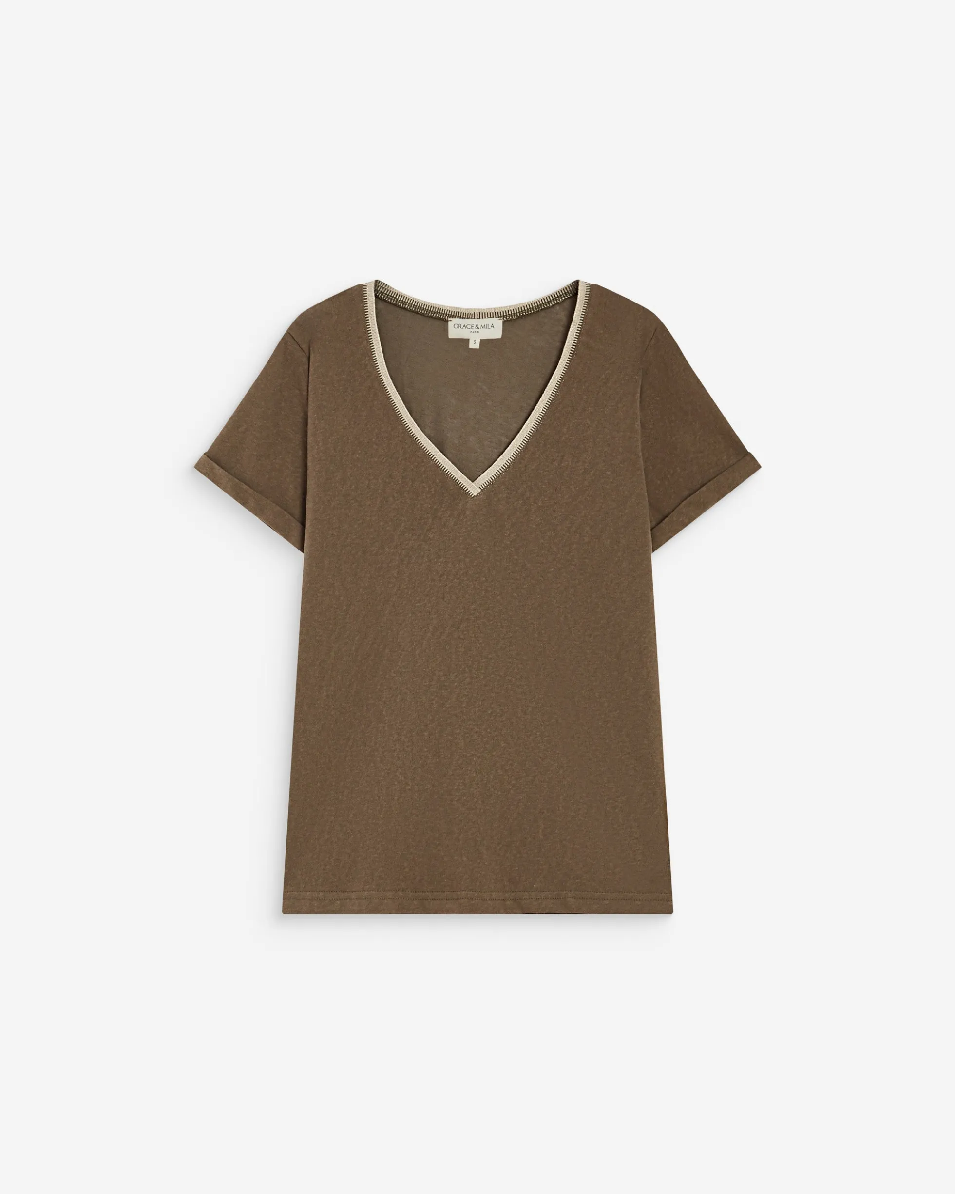 T-shirt manches courtes col V contrasté kaki Aurelien