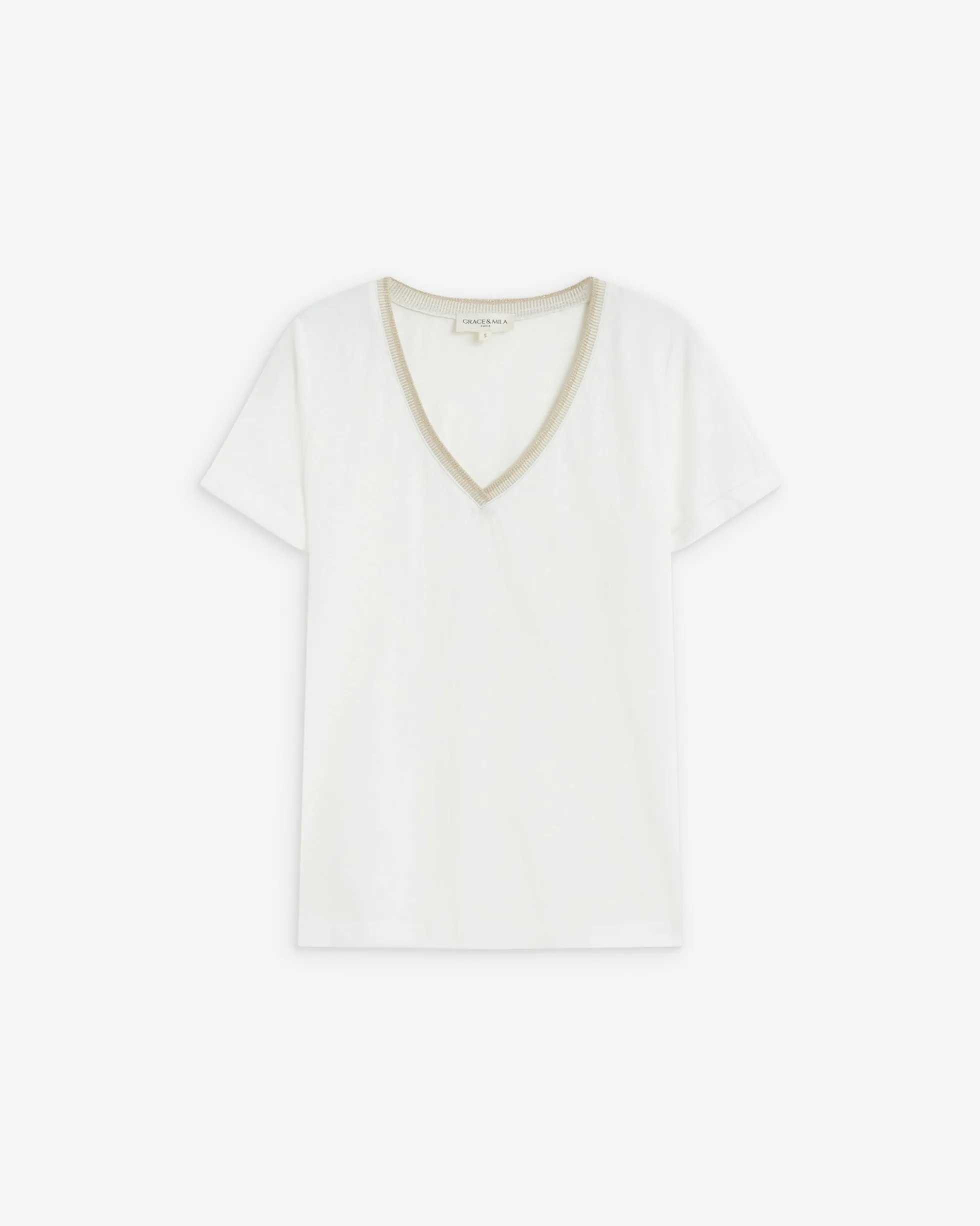 T-shirt manches courtes col V contrasté ivoire Aurelien
