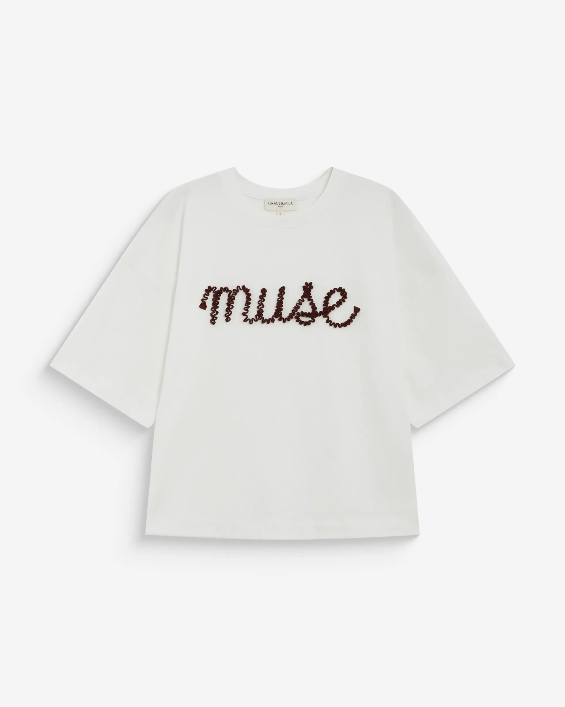 T-shirt oversize en coton à message brodé ecru Borys