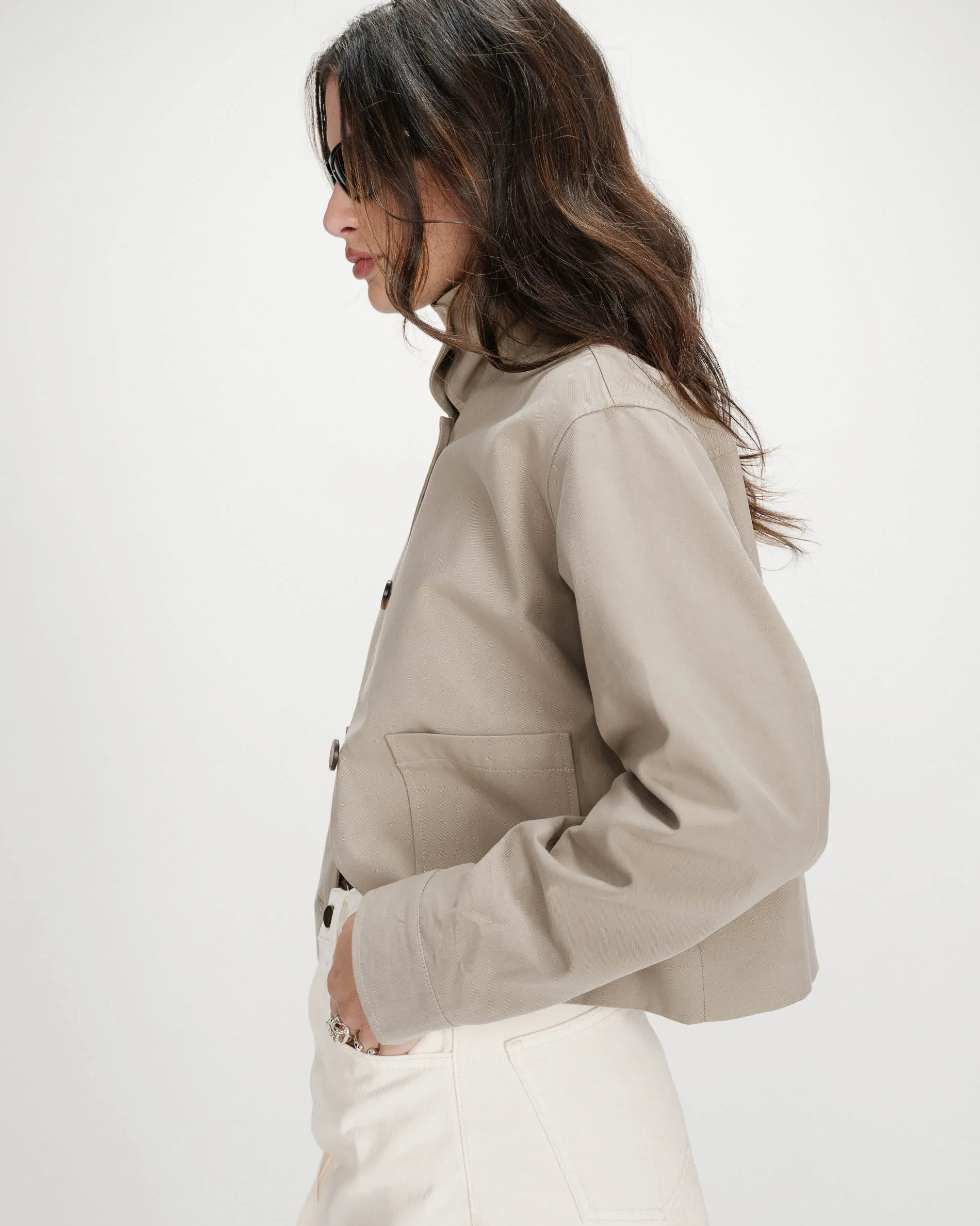 Veste courte en coton boutonnée à poches sauge Veronica
