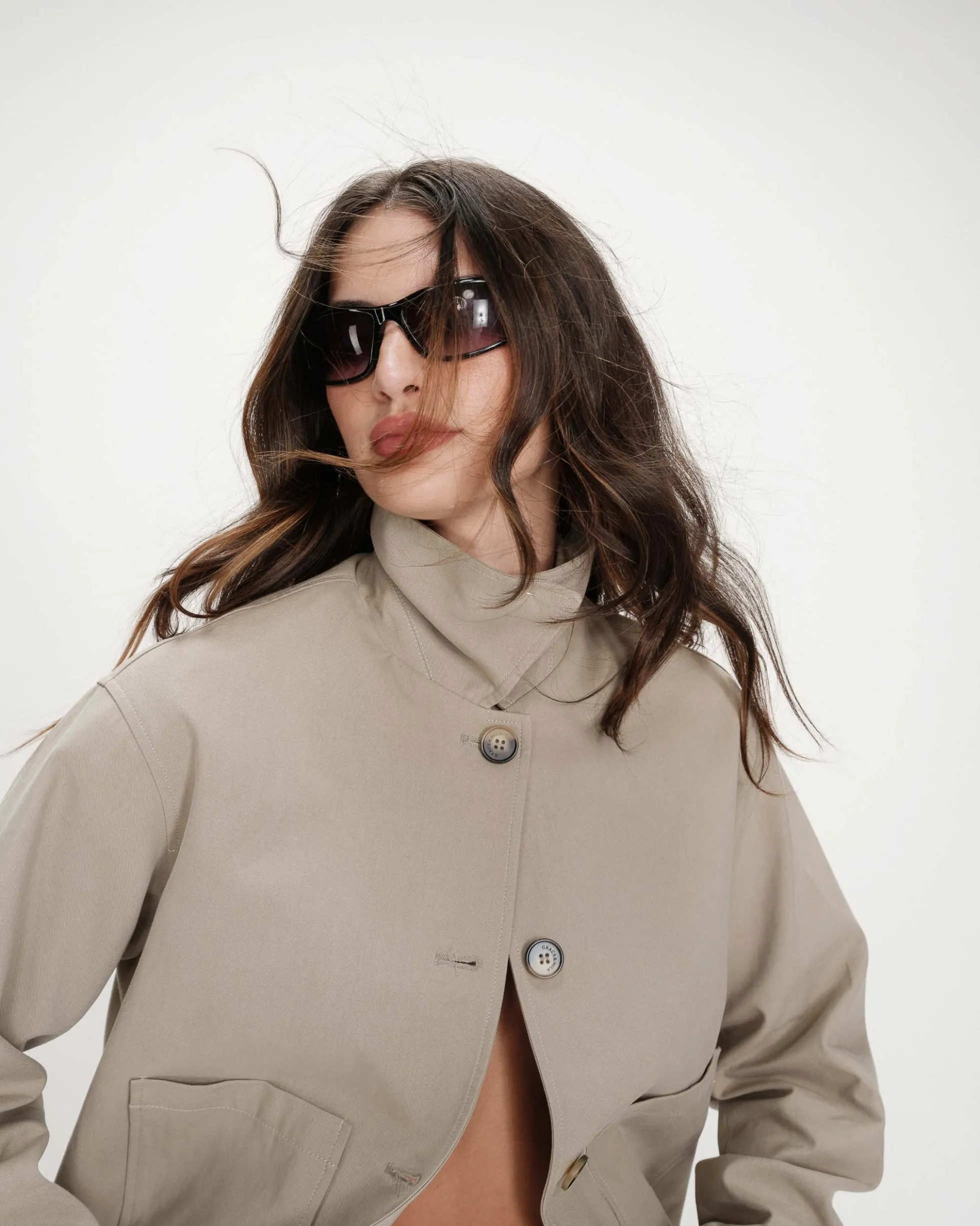 Veste courte en coton boutonnée à poches sauge Veronica