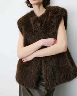 Veste droite sans manches en fausse fourrure chocolat Aelio