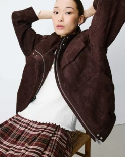 Veste oversize suédine col montant chocolat Arielle
