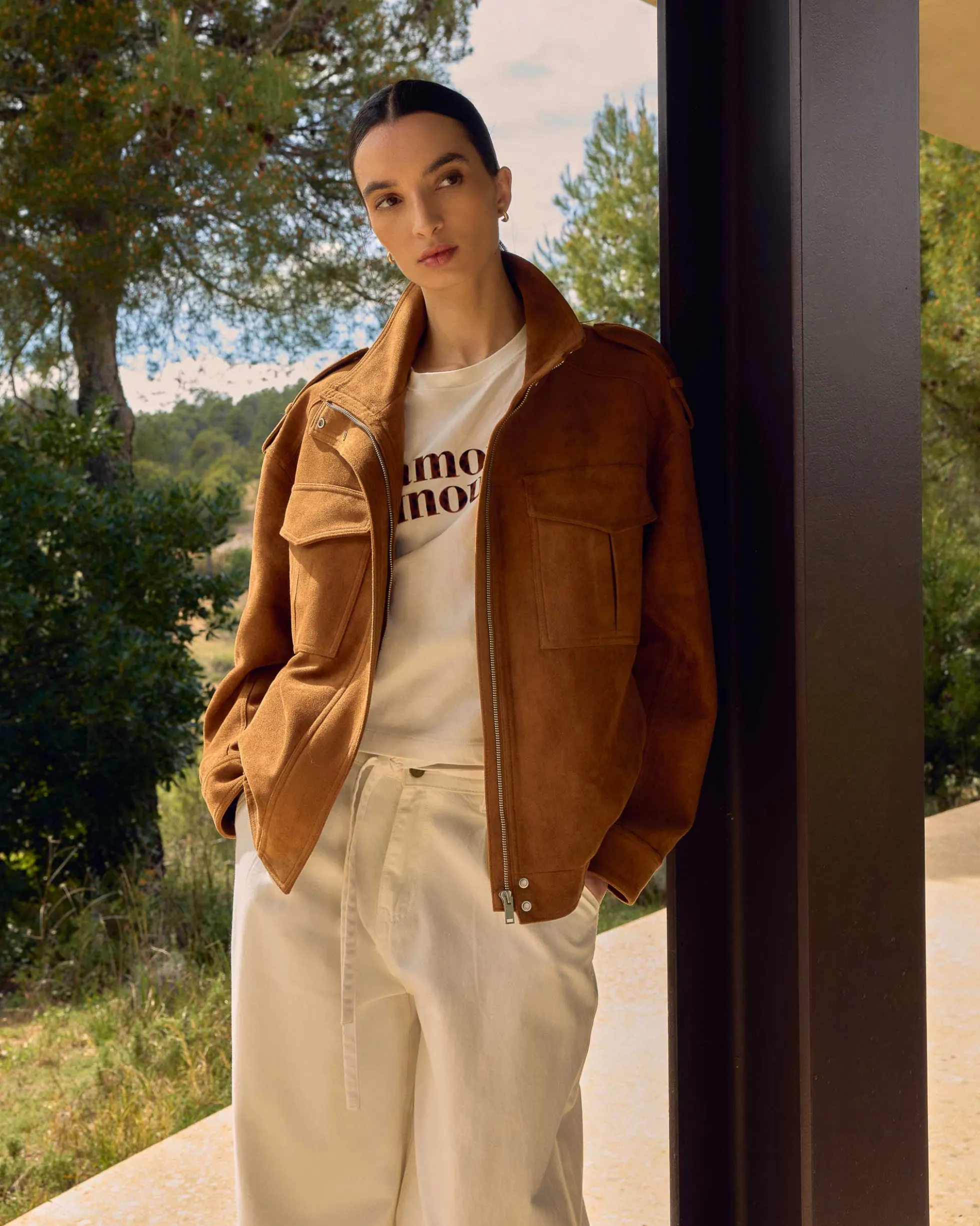 Veste oversize suédine col montant camel Arielle