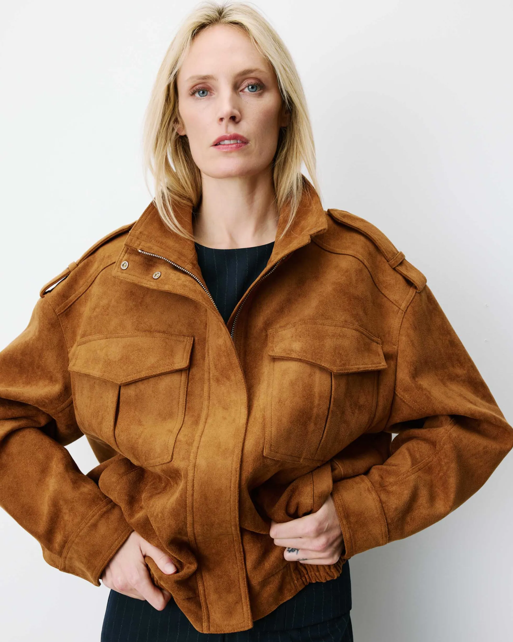Veste oversize suédine col montant camel Arielle