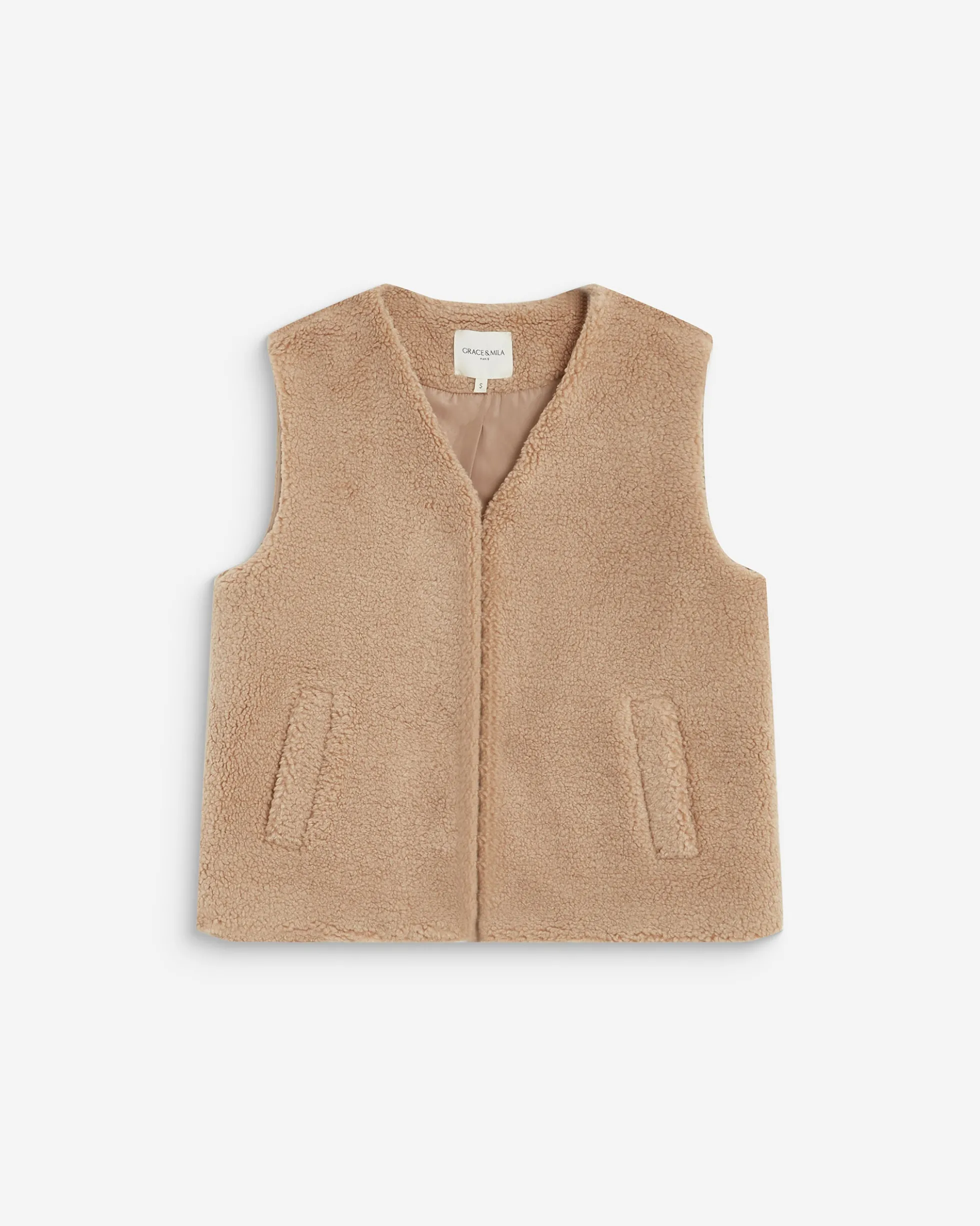 Veste sans manches en fausse shearling beige Avery
