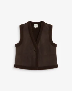 Veste sans manches en fausse shearling col V chocolat Anya