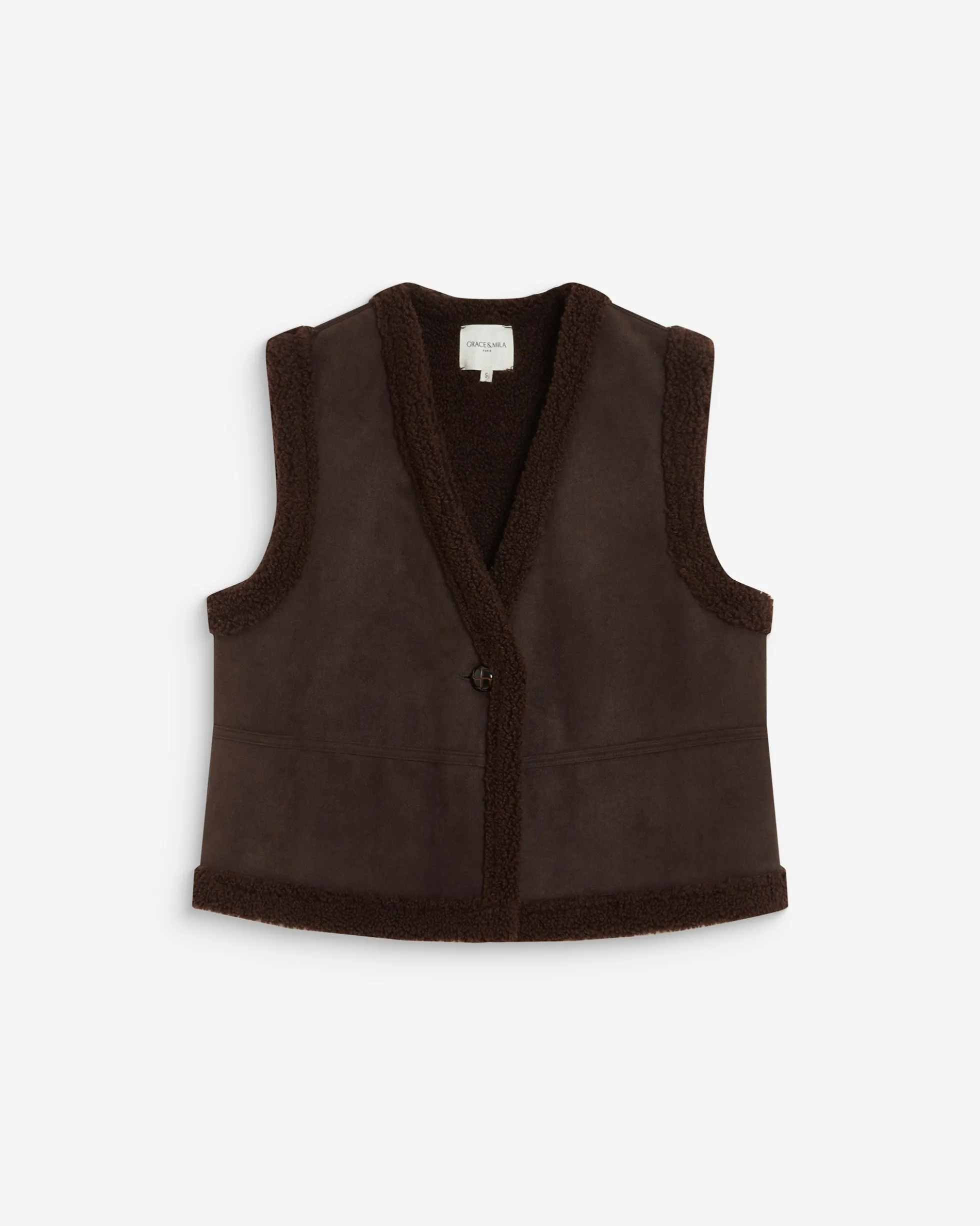 Veste sans manches en fausse shearling col V chocolat Anya