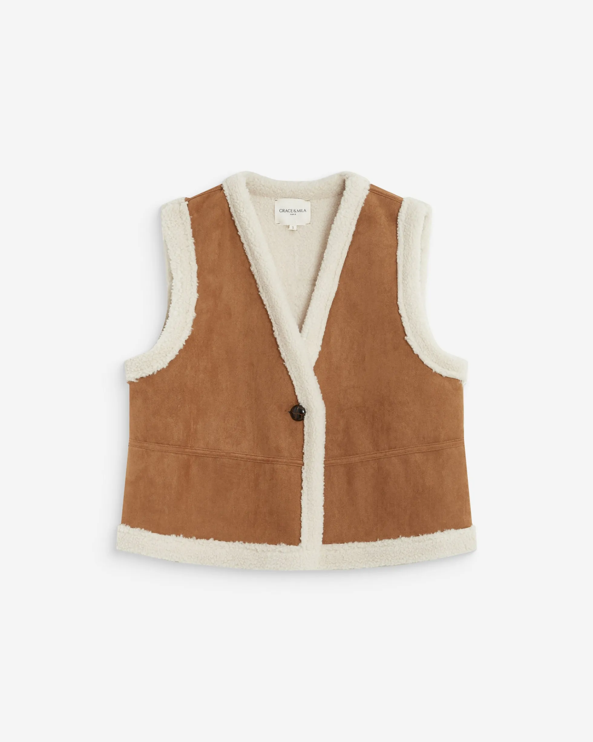 Veste sans manches en fausse shearling col V coffee Anya